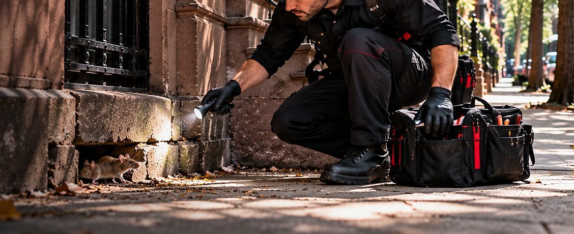 NYC Rodent Control technician inspecting the foundation of a Brooklyn brownstone