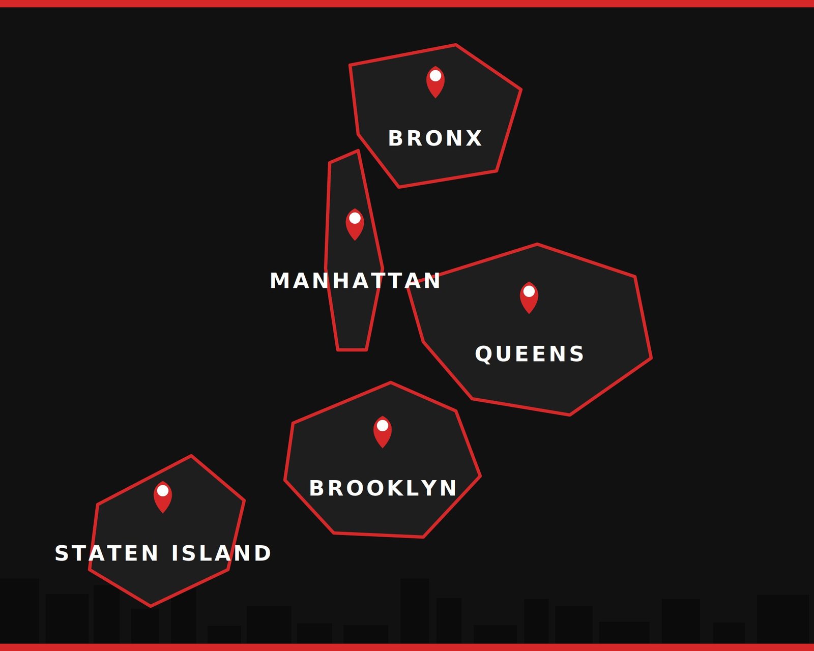 NYC Rodent Control service area map covering Brooklyn, Queens, Manhattan, The Bronx, and Staten Island