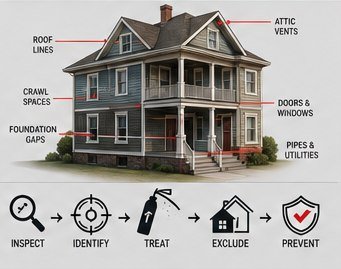 Diagram of rodent entry points on a home: roof lines, attic vents, crawl spaces, foundation gaps, doors, windows, pipes and utilities
