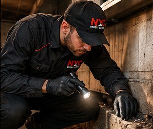 Licensed NYC Rodent Control technician performing an inspection