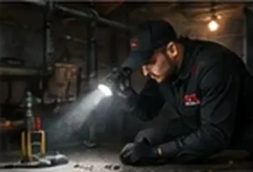 Technician inspecting a dark basement with a flashlight near a utility area (illustrative image)