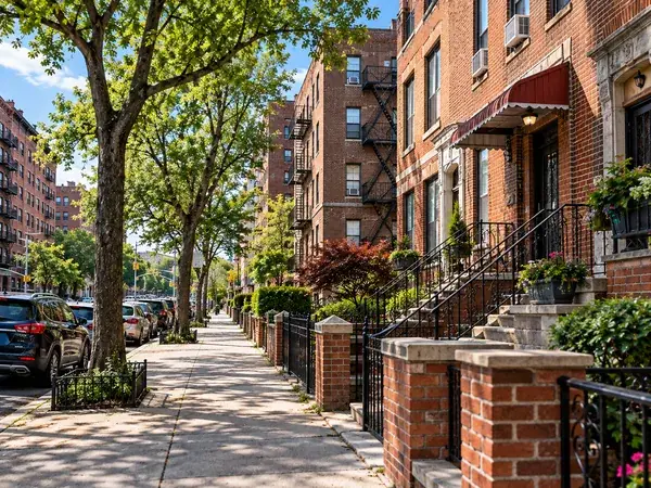Brick apartment buildings with fire escapes on a Bronx-style street (illustrative image)