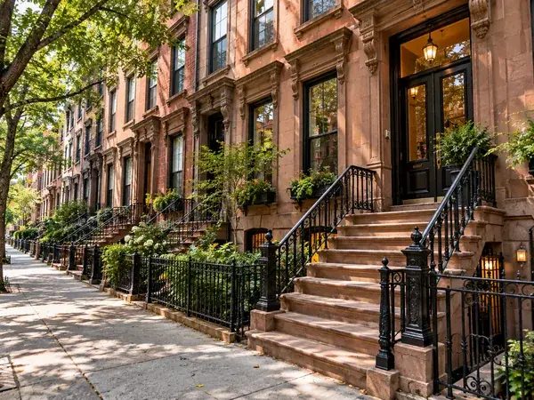 Brownstone row with a lit doorway at dusk (illustrative image)