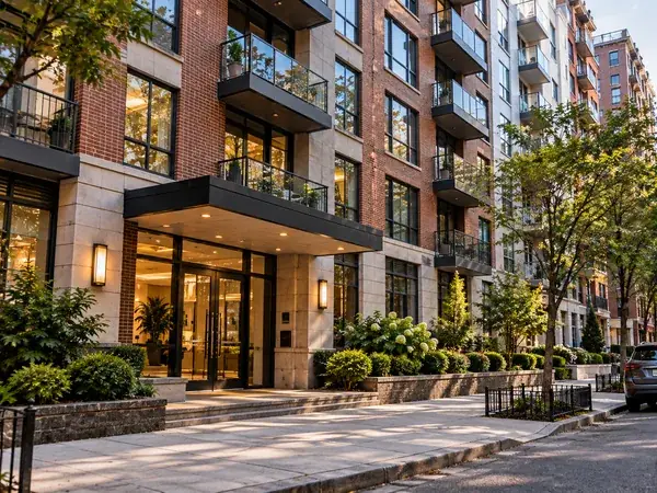 Modern condo building entrance (illustrative image)