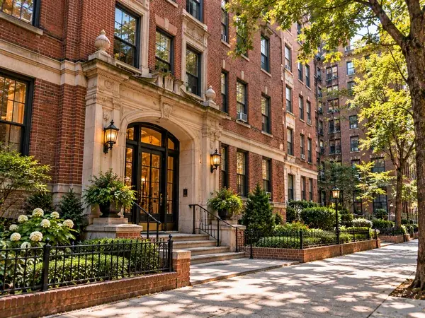 Red brick prewar building entrance (illustrative image)