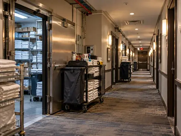 Hotel hallway with a housekeeping cart (illustrative image)
