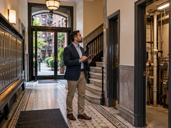Property manager reviewing a tablet in a building lobby (illustrative image)