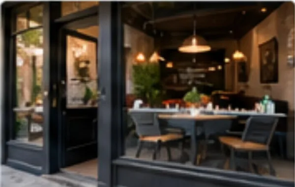 Restaurant dining room with warm lighting (illustrative image)