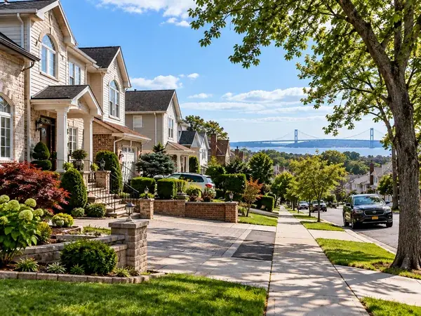 Low density houses on a Staten Island-style street with a bridge in the distance (illustrative image)